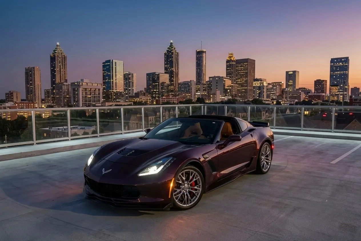 Chevrolet Corvette C7 against the Atlanta skyline