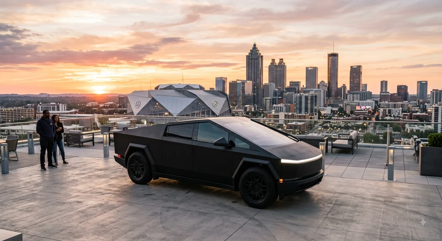 Black Tesla Cybertruck Beast with Mercedes-Benz Stadium and the Atlanta skyline at sunset
