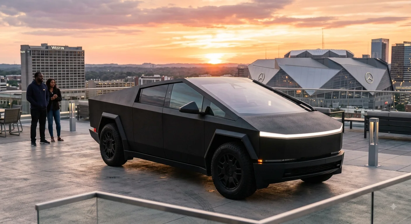 Black Tesla Cybertruck Beast overlooking downtown Atlanta at sunset
