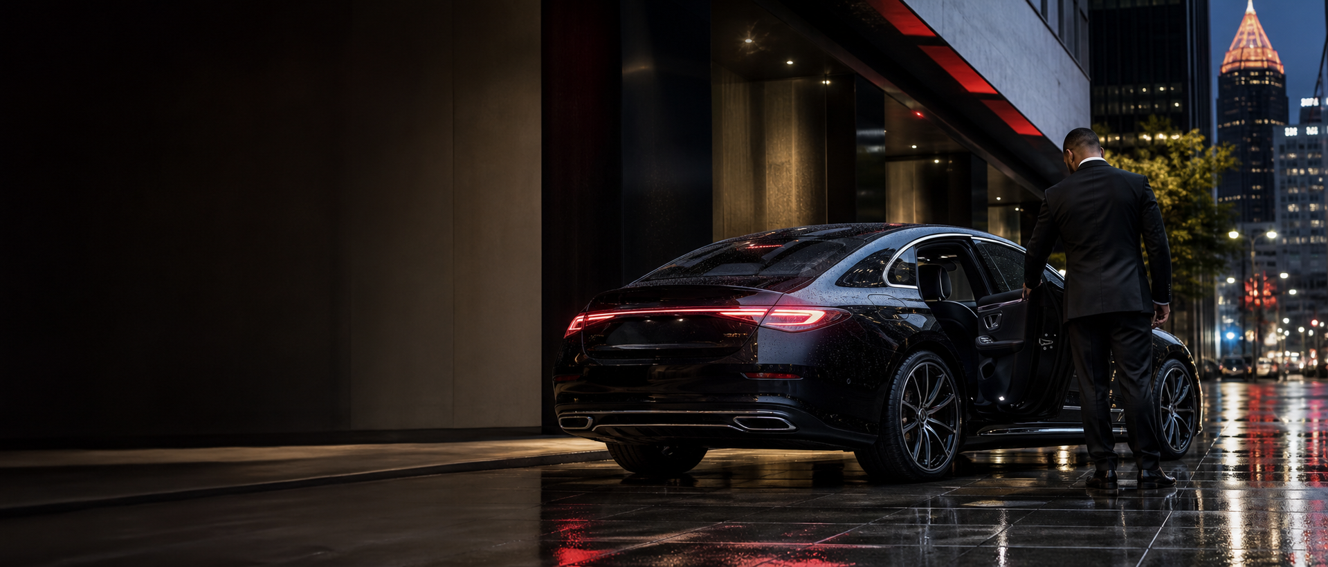 A black luxury vehicle staged for an evening arrival with a professional chauffeur.